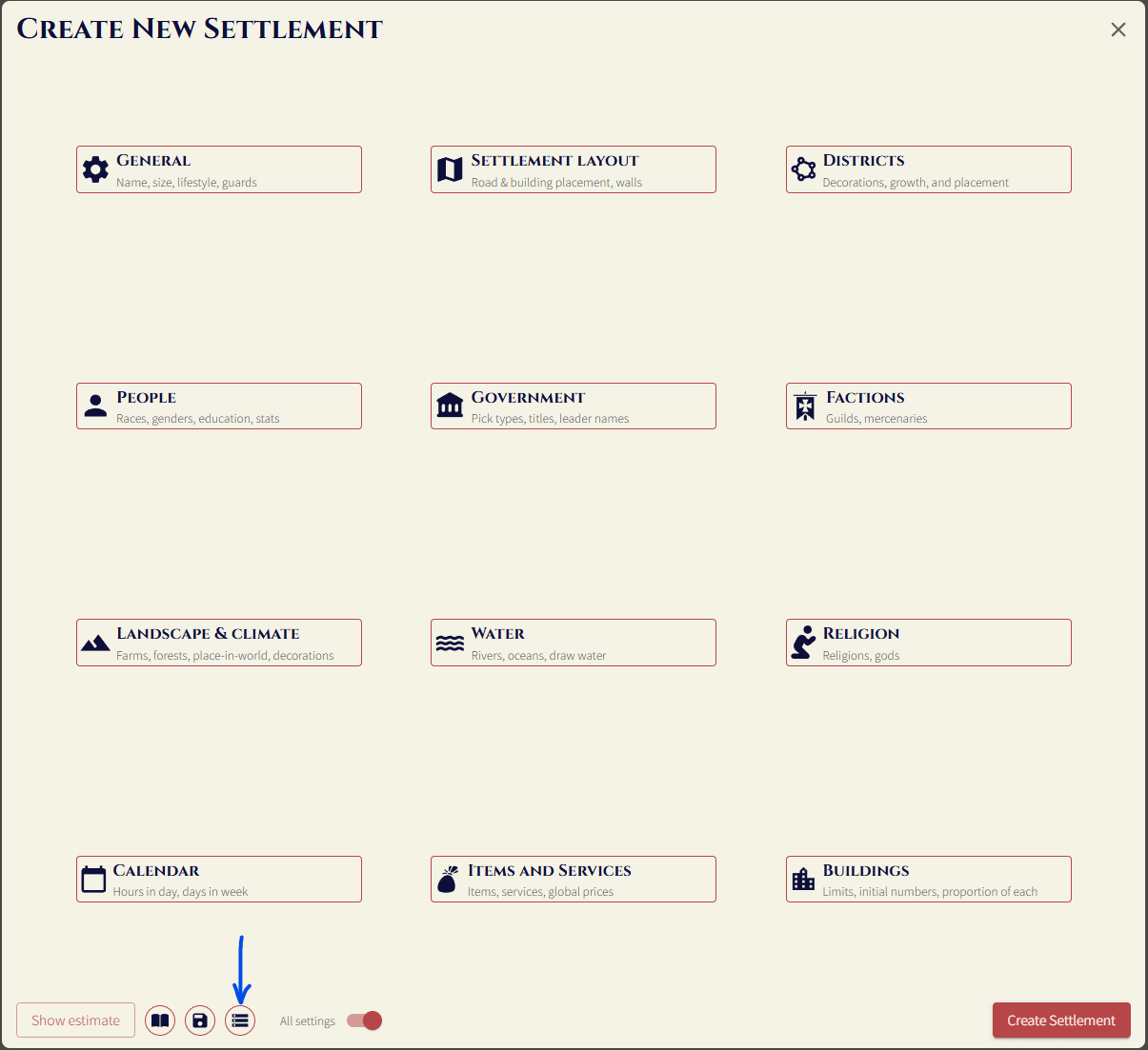 manage saved settings button